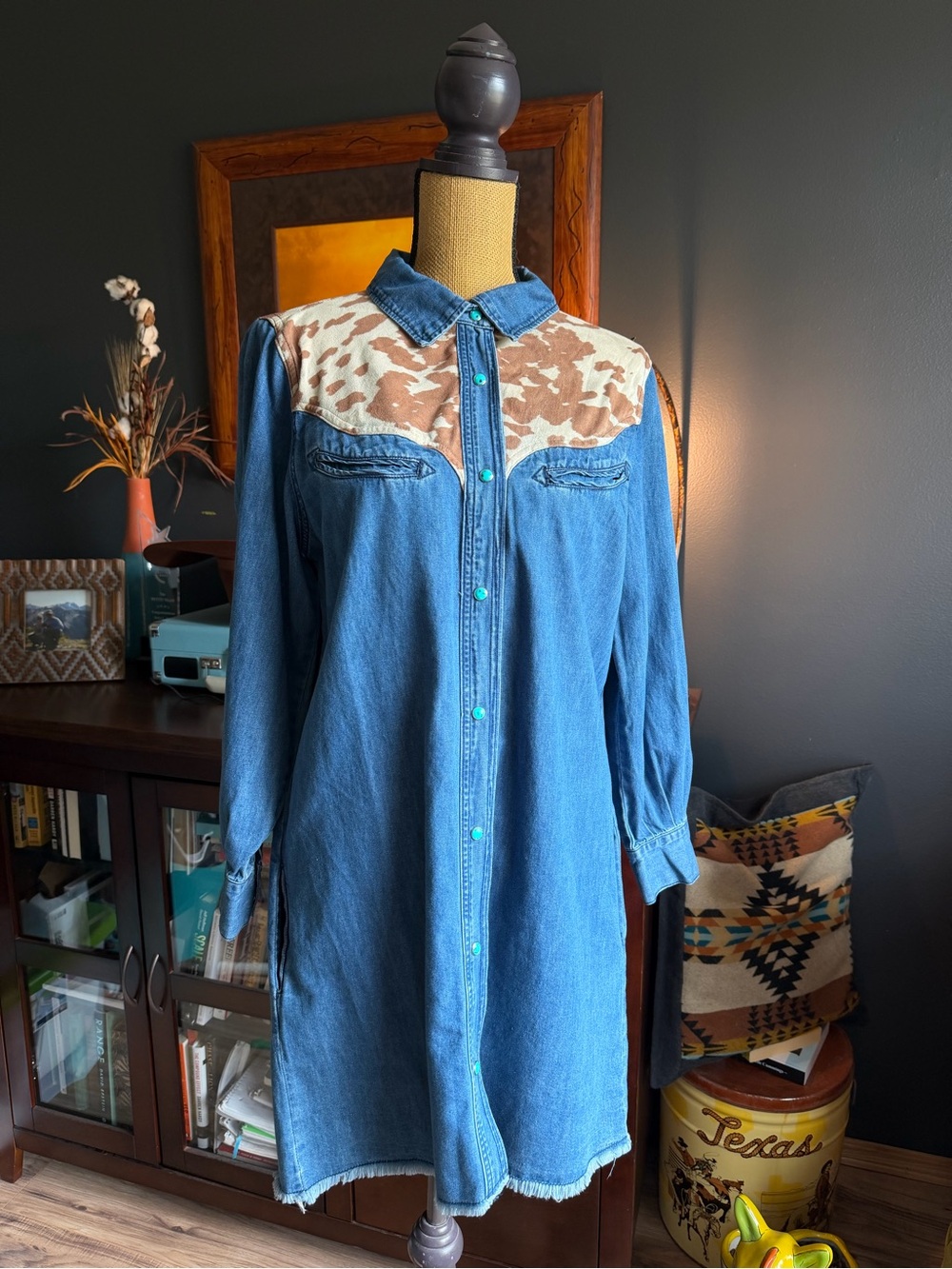 Denim Shirt Dress with Brown Cowhide Yoke